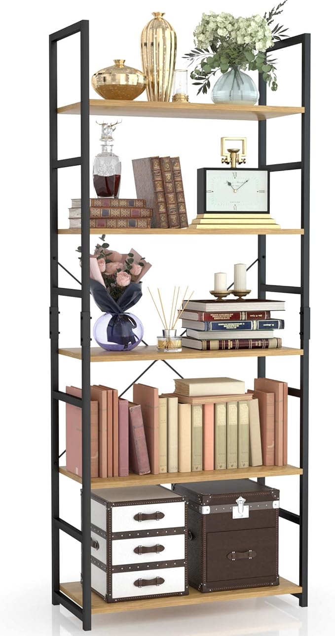 NUMENN 5 Tier Bookshelf, Tall Bookcase Shelf Storage Organizer, Modern Book Shelf for Bedroom, Living Room and Home Office, Natural