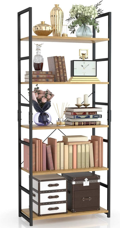 NUMENN 5 Tier Bookshelf, Tall Bookcase Shelf Storage Organizer, Modern Book Shelf for Bedroom, Living Room and Home Office, Natural