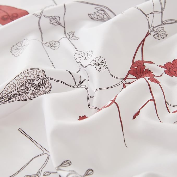 EMME Twin Comforter Set - Red Floral Bedding Set 5 PCS with Flowers Leaves Pattern, Soft Plant Printed Botanical Bed Set with Sheets, Fluffy Bed Bag for All Season(68"X90")