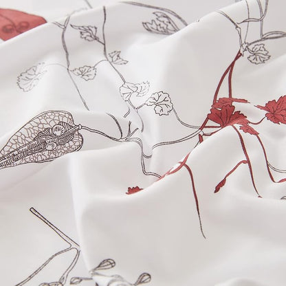 EMME Twin Comforter Set - Red Floral Bedding Set 5 PCS with Flowers Leaves Pattern, Soft Plant Printed Botanical Bed Set with Sheets, Fluffy Bed Bag for All Season(68"X90")