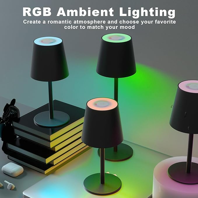 ORALUCE RGB Cordless Table Lamp Rechargeable, LED Battery Operated Desk Lamp with Type-C Charging Port, Multiple Colour Stepless Dimming Touch Lamp for Outdoor Party/Coffee Shop/Camping/Bars, 2 Pack