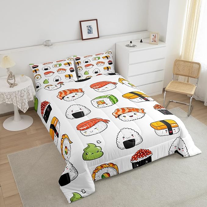 Sushi Pattern Comforter Set Japanese-Style Bedding Set for Kids Boys Girls Teens Food Theme Comforter Cute Cartoon Japanese Sushi Duvet Set Room Decor Quilt Set Queen Size Microfiber