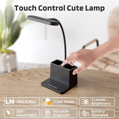 Battery Operated Desk Lamp, Small Desk Light for Home Office, Rechargeable Desktop Lamp, LED Portable Lamp with Adjustable Gooseneck, Black Study Reading Lamp for Kids