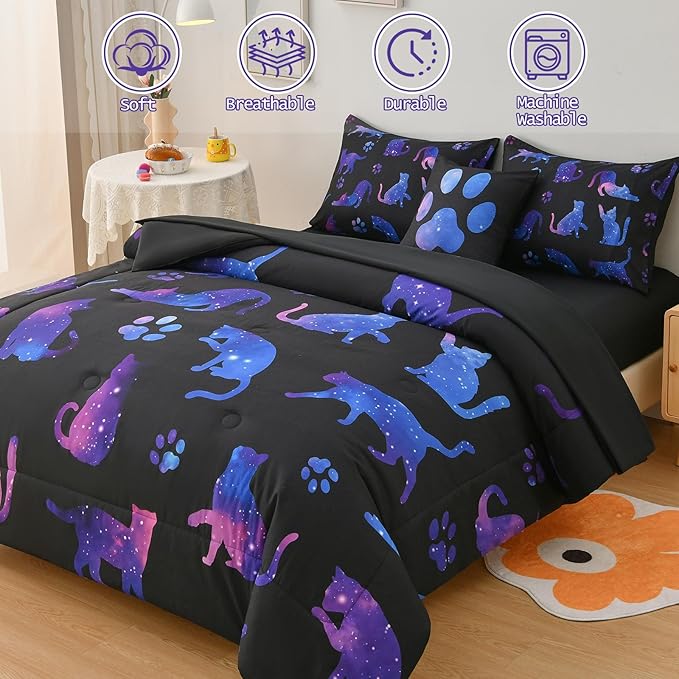 DORCAS Cute Cat Twin Comforter Set for Girls Starry Sky Bedding Sets Twin Girls 6 Pieces Animal Twin Bed-in-A-Bag with Comforter,Sheets,Pillowcases for Kids