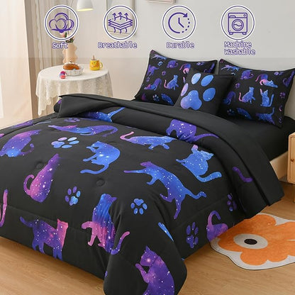 DORCAS Cute Cat Twin Comforter Set for Girls Starry Sky Bedding Sets Twin Girls 6 Pieces Animal Twin Bed-in-A-Bag with Comforter,Sheets,Pillowcases for Kids