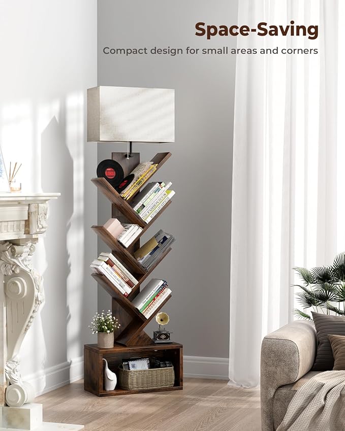 6 Tier Tree Bookshelf with Light, Small Bookcase Tower for Books/CDs/Movies, Sturdy Tall Floor Standing Book Organizer with Storage Cabinet for Living Room, Bedroom and Home Office