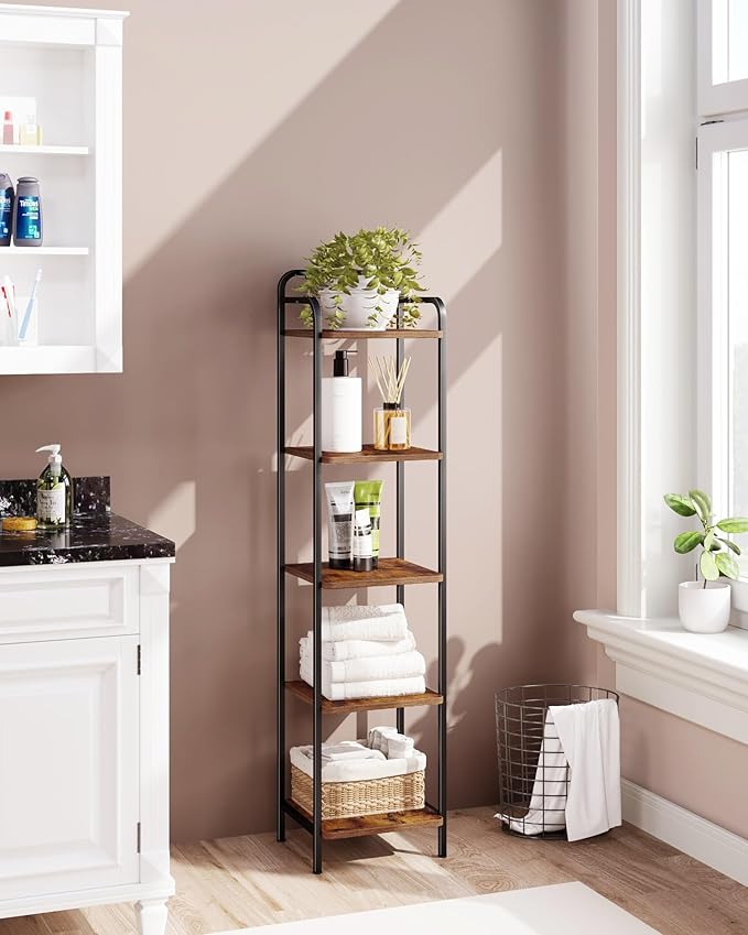 Bookcase Bookshelf, Narrow Book Shelf, Industrial Coner Shelf Storage Organizer, Slim Shelving Unit for Home Office, Living Room, Bedroom, Kitchen, 5-Tier Rustic Brown BC24501B