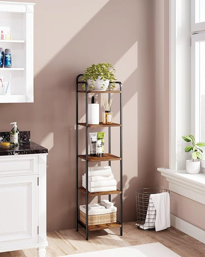 Bookcase Bookshelf, Narrow Book Shelf, Industrial Coner Shelf Storage Organizer, Slim Shelving Unit for Home Office, Living Room, Bedroom, Kitchen, 5-Tier Rustic Brown BC24501B