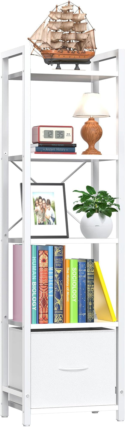Narrow-Bookshelf-With-Storage-Drawer, 5-Tier Small Standing Book Shelf Organizer For Small Space, Tall Thin Bookcase Shelf For Bedroom Living Room Office, Wooden Shelving Unit Rack For Display
