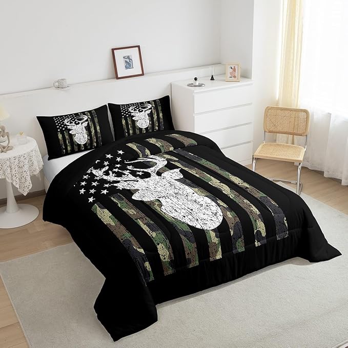 Camo Twin Bedding Set for Boys Army Green Camo American Flag Comforter Set,Teen Camouflage Deer Hunting Bedding Comforter Sets Rustic Farmhouse Woodland Animal Bedding Quilt Black White 1 Pillowcase