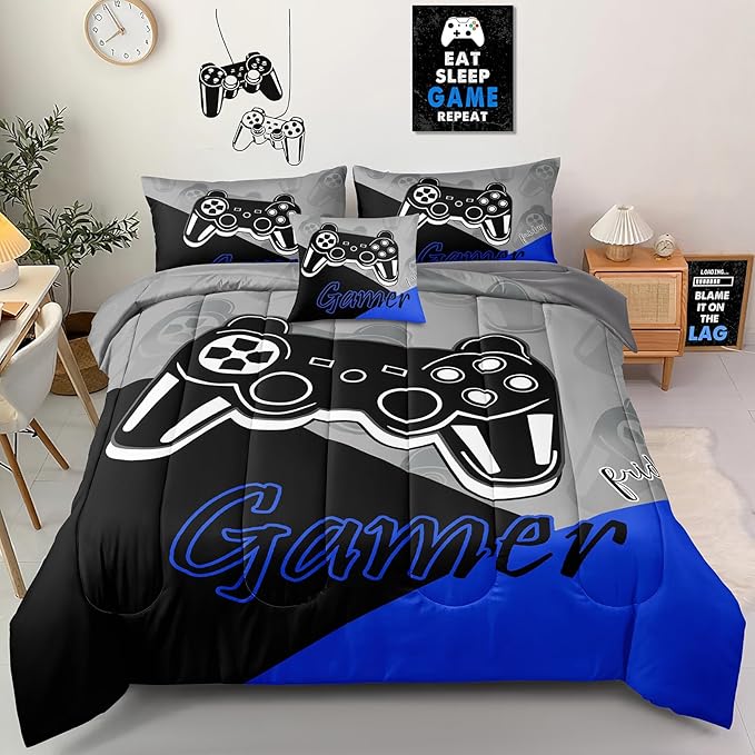 6 Pieces Gaming Bedding Set Queen Size for Boys Gamer Comforter Set for Boys Girls Kids Teens 6 Piece Bed in A Bag Video Game Bedding for Gamer Room Decorative Queen50