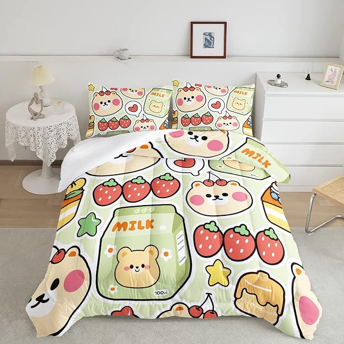 Datura home Kawaii Strawberry Bear Comforter Bedding Set for Kids Boys and Girls Teens,Cute Cartoon Fruit Print Light Green with 1 2 Pillowcases(Kawaii Full), Full 80x90inches