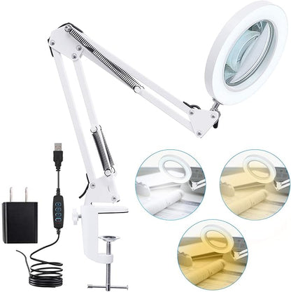 LED Magnifying Lamp with Clamp, 8-Diopter, 10X Real Glass Lens, 3 Color Modes and Stepless Dimmable Magnifier Desk Lamp,Adjustable Swivel Arm Lighted Magnifying Glass for Repair Craft Close Work-White
