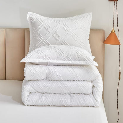 7 Pieces Tufted Bed in a Bag King Comforter Set with Sheets White, Soft and Embroidery Shabby Chic Boho Bohemian, Luxury Solid Color with Diamond Pattern, Jacquard Tufts Bedding Set for All Season