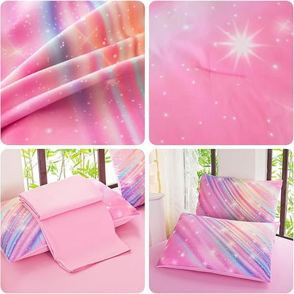 Twin Comforter Set for Girls Galaxy Bedding 7pieces, Ombre Bedding Comforter Sets Rainbow Comforter Glitter Bedding Twin Teen Comforter Sets for Girls