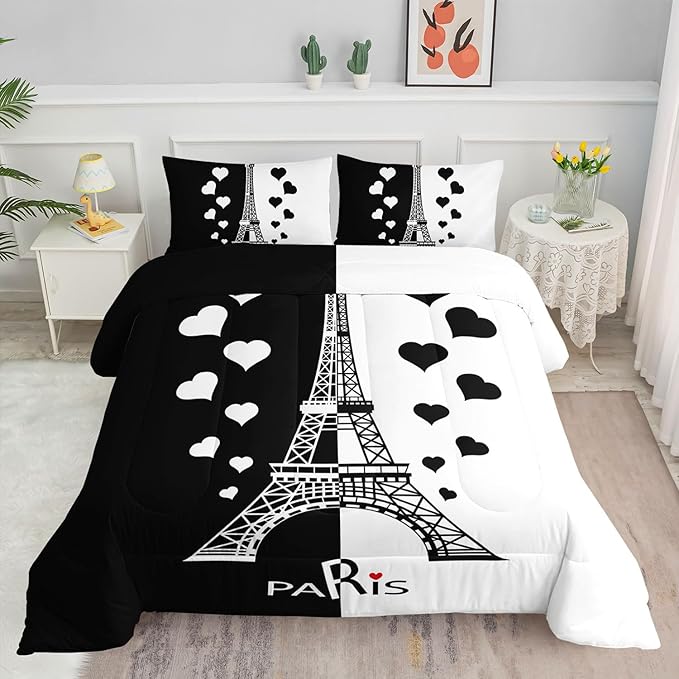 Datura home Kids Comforter Set Eiffel Tower Printed Pattern Bedding Set with 1 Comforter and 2 Pillowcases for Girls Boys Bedroom All Season(Tower1 Full)