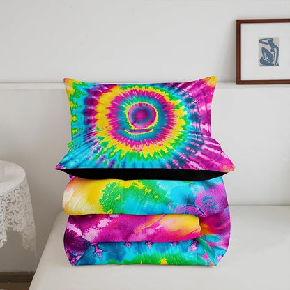 3 Piece Rainbow Tie Dye Comforter Set with 2 Pillowcases Boho Psychedelic Bedding Set for Kids Girls Teens Bohemian Gypsy Exotic Spiral Quilted Duvet Soft Comfy, Watercolor Art Down Comforter,Queen