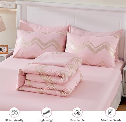 Wowelife 7 Pieces Pink Comforter Set King Size Gold Glitter Kids Bedroom Bedding Set Metallic Bed in a Bag for Girls with Comforter, Flat Sheet, Fitted Sheet 2 Pillow Shams and 2 Pillowcase