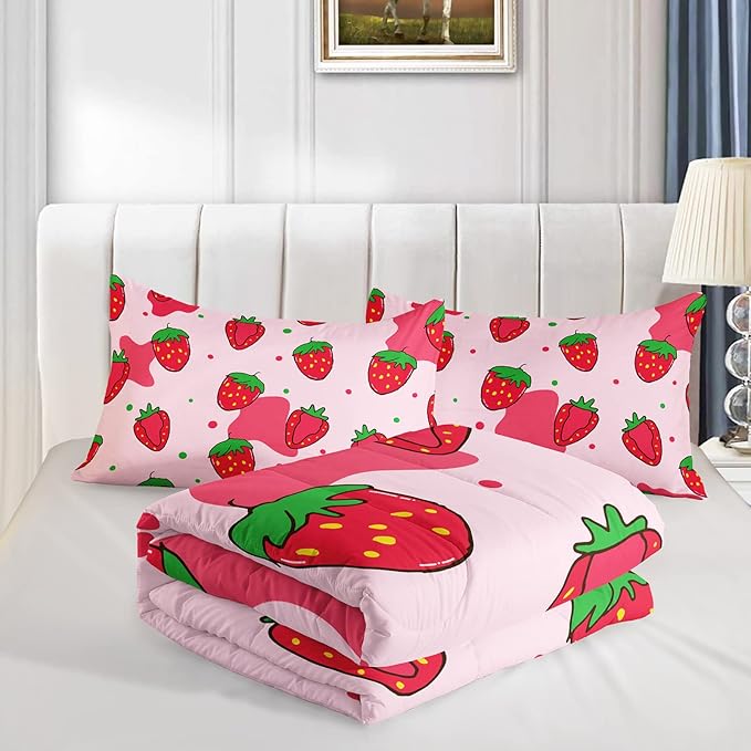Kawaii Comforter Twin,Pink Strawberry Comforter Set for Kids Teens Girls,3Pcs Bedding Set Printed Comforter with 2 Pillowcases,Down Alternative,Soft and Lightweight，Twin Size