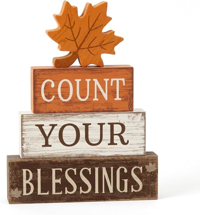 Moucuny 4 Pcs Fall Table Decoration Rustic Maple Leaf Stacked Wooden Block Decor Thanksgiving Tiered Tray Decor Count Your Blessings Fall Centerpiece for Harvest Home Shelf Kitchen Cozy Autumn Gift