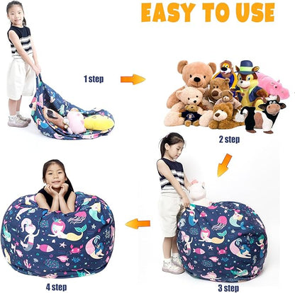 Stuffed Animal Storage Bean Bag Chair Cover, Hold Kids Plush Toys Blankets Towels Beanbag (Cover Only), Canvas Floor Circle Stuff Sit Seat Sofa with YKK Zipper, Extra Large 38", Mermaid