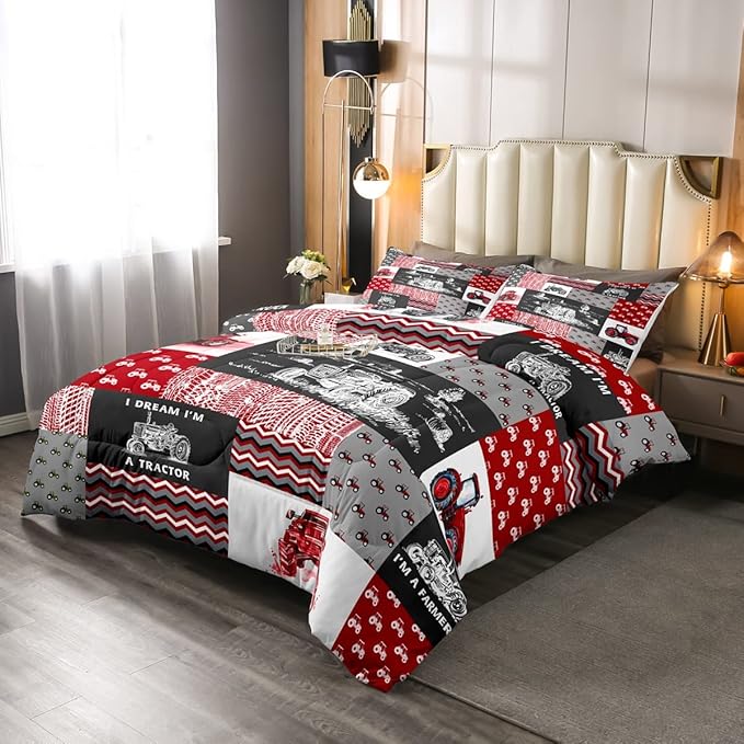 Erosebridal Red Tractor Bedding Set for Boys Twin,Construction Tractor Comforter Set Kids Teens Equipment Trucks Down Comforter Black White Construction Vehicle Quilt Set Bedroom Decor
