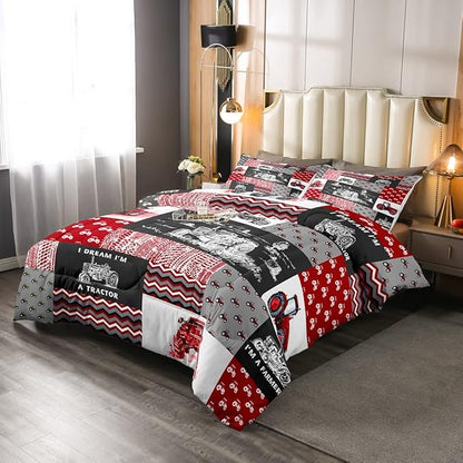 Erosebridal Red Tractor Bedding Set for Boys Twin,Construction Tractor Comforter Set Kids Teens Equipment Trucks Down Comforter Black White Construction Vehicle Quilt Set Bedroom Decor