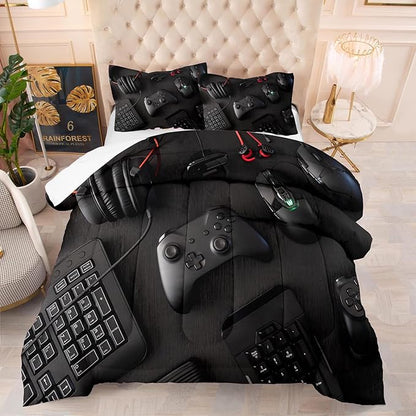 Gamer Queen Size Comforter Set for Boys Girls Kids 3D Gaming Lightweight Microfiber Quilts Video Game Bedding Sets Room Decor (Color 1,Queen)