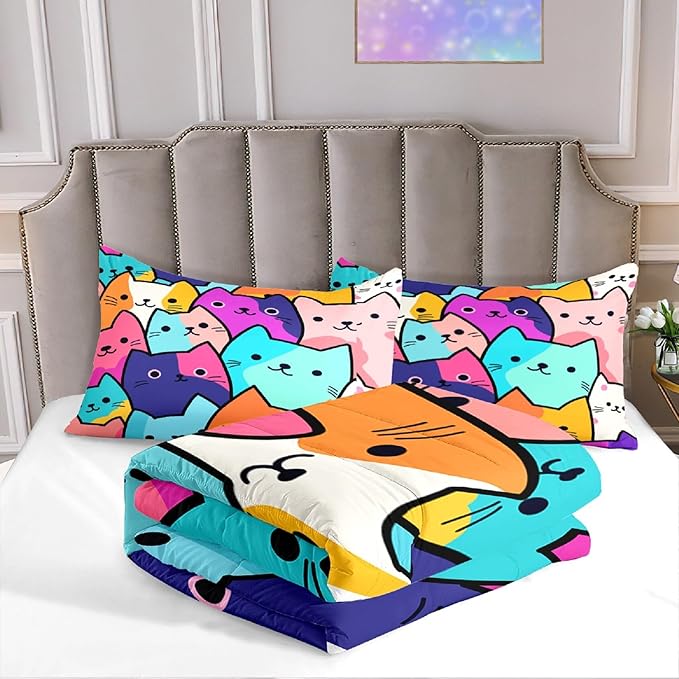 Cat Comforter Full Size - Full Size Comforter Girl Cat Cute Cat Bedding for Girls Kids Full Size Bedding Set Cats Colorful Cartoon Cat Comforter Set, 1 Comforter+2 Pillowcases