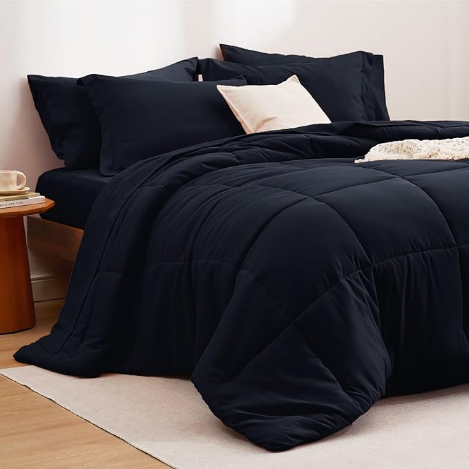 Bedsure Black King Size Comforter Set - 7 Pieces Solid King Bed Set, King in a Bag with Quilted Warm Fluffy Comforters, Sheets, Pillowcases & Shams