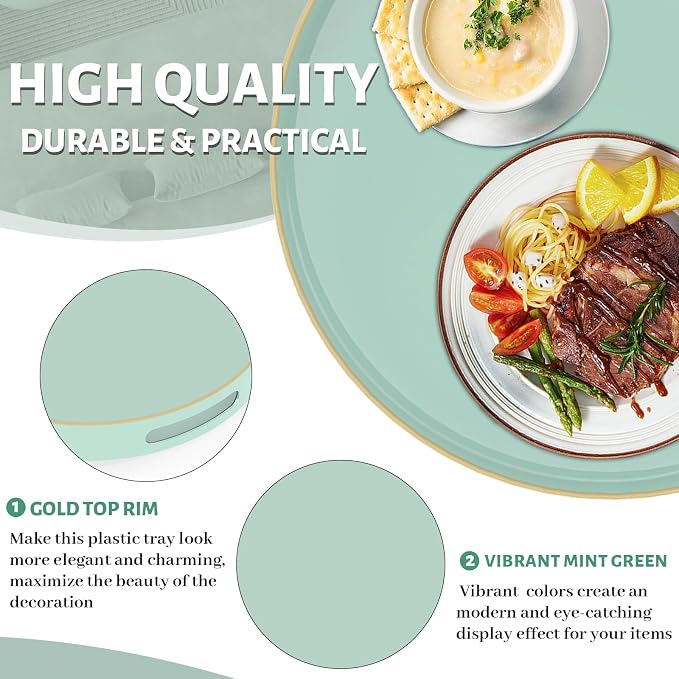 MAONAME 13" Mint Green Decorative Tray, Round Serving Tray with Handles | Plastic Decorative Tray for Coffee Table, Modern Ottoman Tray, Circle Tea Tray, Round Melamine Tray for Living Room, Bathroom