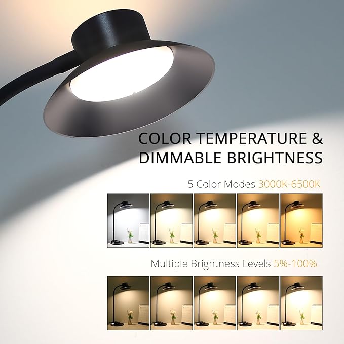 LED Desk Lamp for Office Home, Dimmable Reading Light with USB Charging Ports, Bedside Lamp with 5 Color Modes & Stepless Dimming, 360° Flexible Gooseneck Table Lamp(Adapter Included)