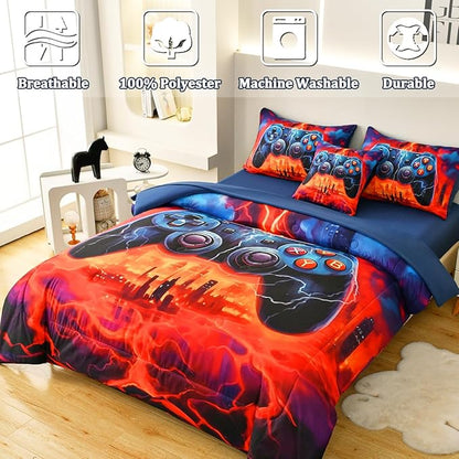 Game Console Twin Comforter Set with Sheets, Microfiber 6 Pcs Bed in A Bag Twin Size Gamer Bedding Set for Boys Kids Teens