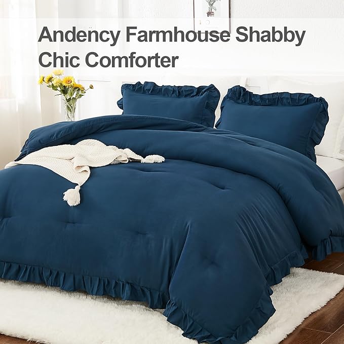 Andency Navy Blue Queen Comforter Set, 3 Pieces Boho Lightweight Solid Bedding Sets for Queen Bed, Fluffy Soft Double Women Men Microfiber Bedding Set