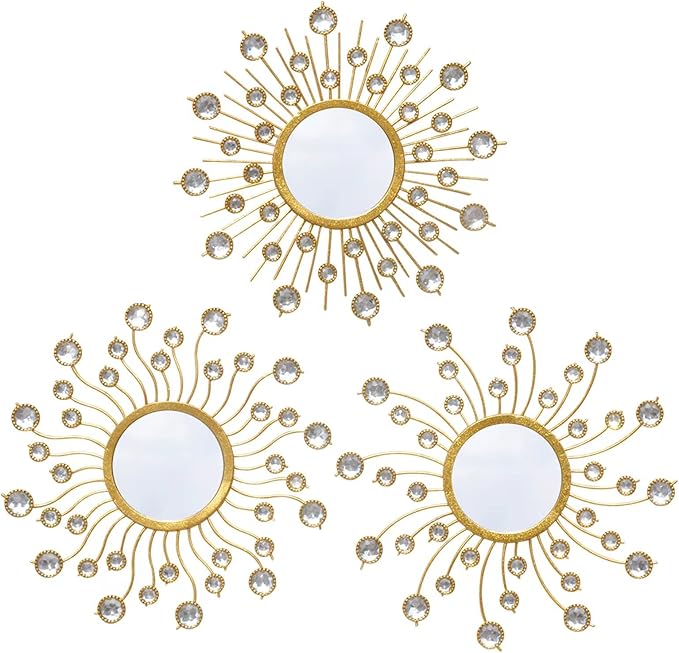 Mirror Wall Decor Wall Mirrors Decorative Sunburst Boho Mirror Gold Mirror Wall Art Metal Decor Mirror Hanging Living Room Bedroom Bathroom Set of 3