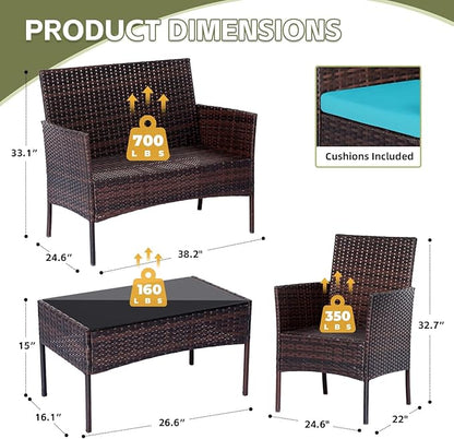 Patio Furniture Set 4 Pieces Conversation Sets Outdoor Wicker Rattan Chairs Garden Backyard Balcony Porch Poolside Loveseat with Soft Cushion and Tempered Glass Table(Brown/Blue)