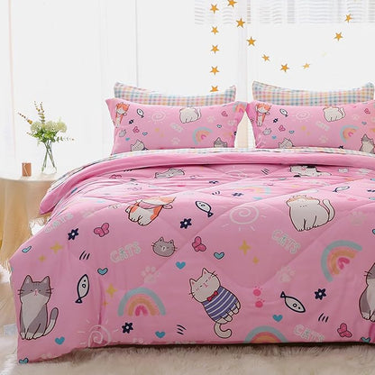 Pink Cats Comforter Set Twin Size for Girls Kids Teens 7 Piece Cute Animal Fish Butterfly Bed in A Bag Cartoon Rainbow Star Sun Heart Bedding Set All Season Lightweight