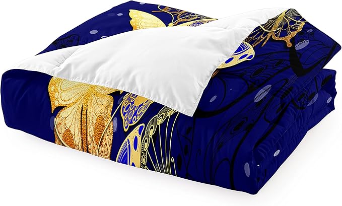 Butterfly Full Size Comforter Sets for Girls, Gold Blue Butterfly Bedding Sets Full Bedding Set for Adults Soft lightweight Bed Quilt Sets, 3 Piece 1 Comforter + 2 Pillowcases