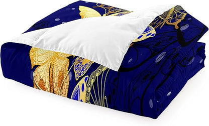 Butterfly Bedding Queen Size Comforter Set Blue Gold Butterfly Bedding Sets for Adult Teens Soft lightweight Bed Quilt Sets for Bedroom, 3 Piece 1 Comforter + 2 Pillowcases