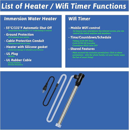 1800W Submersible Water Heater Portable Electric Pool and Hot Tub Immersion Water Heater with Temp Control, WiFi Timer for Bathtub, Spa, Swimming pool, above ground pool and baptismal pool