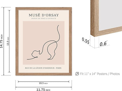 Poster Master Vintage Poster - Retro One Line Cat Drawing Print - Cat Art - Minimal Gift for Men, Women, Animal Lover - Abstract Wall Decor for Home, Office, Bedroom, 11x14 Beige Framed