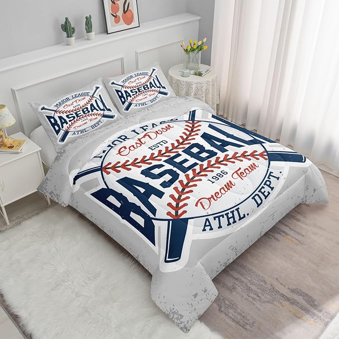 Datura home Baseball Comforter Set Vintage Grey Baseball Printed Quilt Bedding Set with 1 Comforter and 2 Pillowcases for Boys and Girls Bedroom All Season(Baseball Twin)