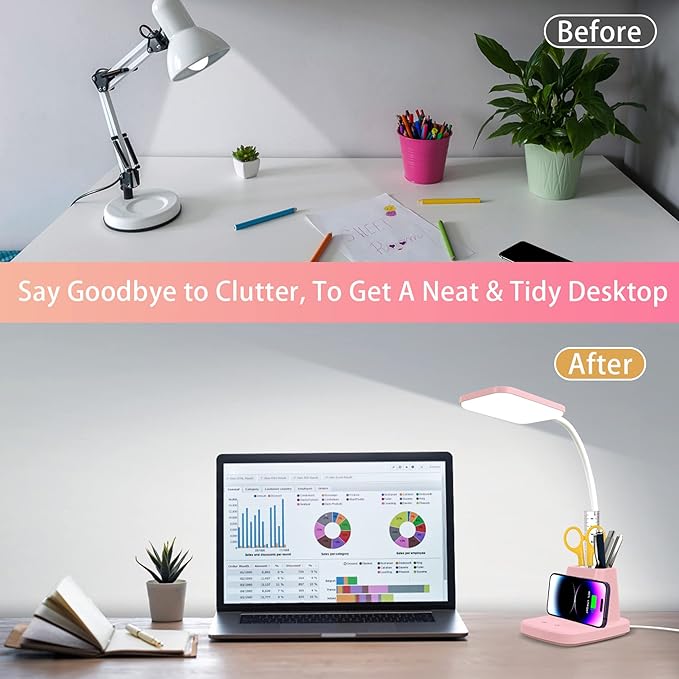 Sailstar Cute Desk Lamp, Pink Small Desk Lamp with Pen Holder, Wireless Charger LED Desk Lamps for Home Office, Kids Desk Lamp 800LM Gooseneck 3 Modes Dimmable Touch, Study Lamp for College Dorm Room