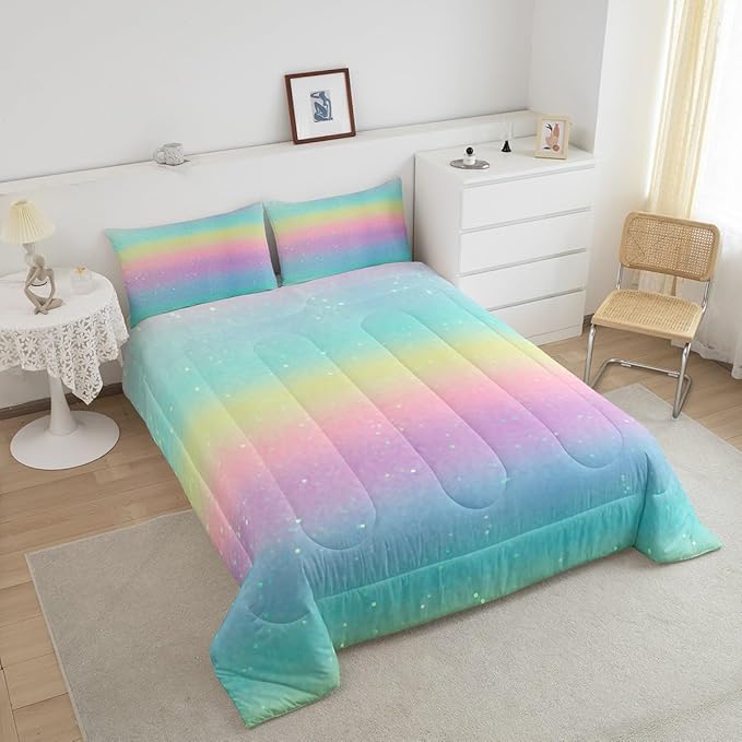 Erosebridal Rainbow Bedding Comforter Sets Full Size Tie Dye Galaxy Comforter Set for Boys Girls Kids Bedroom, Glitter Starry Bedding Pastel Ombre Sparkle Quilt with 2 Pillowcases, Pink Blue Yellow