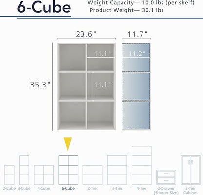 Apexa 6 Cube Storage Organizer Shelves, Stackable Wood Bookcase Fits Cubby Bins for Organization, Dorm Teen Room Decor & Home Office, White