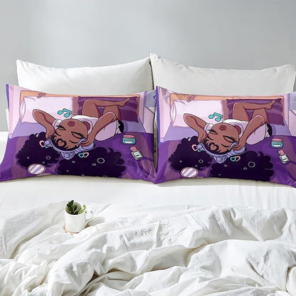 Black Girls Magic Comforter Sets, African American Girl Love Music Purple Designs Soft Fluffy Comforter Duvet, Full Size Afro Pretty Girls Comforter Set for Teens Kids Princess Cute Room Decor