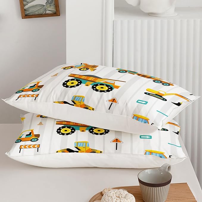 Axolotl Yellow Excavator Comforter Set Queen Size,Cartoon Excavator Bedding Set,Kids Machinery Truck Comforte Set,White Stripe Bedding Vehicle Car Decor for Kids Boys Teens,1 Quilt 2 Pillowcases