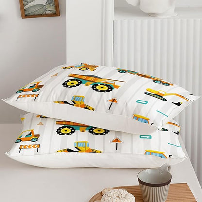 Axolotl Yellow Excavator Comforter Set Queen Size,Cartoon Excavator Bedding Set,Kids Machinery Truck Comforte Set,White Stripe Bedding Vehicle Car Decor for Kids Boys Teens,1 Quilt 2 Pillowcases