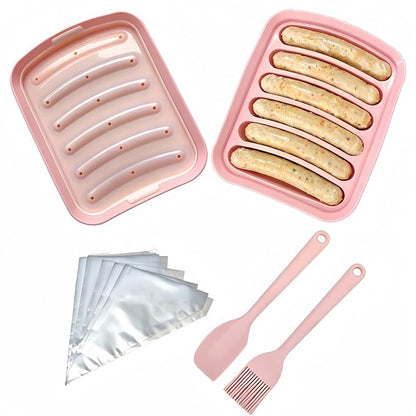 2 Pcs Silicone Sausage Mold with a Set of Silicone Brush Spatula and 25x Pastry Bags, Non-Stick Hot Dog Bun Pan, DIY Handmade Ham Sausage, Hot Dogs Baking Mold for Children's Food with Lid (Pink*2)