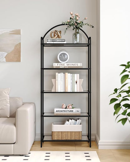 Bookcase Bookshelf, Tempered Glass Bookshelves, Slim Shelving Unit for Bedroom, Bathroom, Home Office, Steel Frame, 5 Tier Black BC21599B